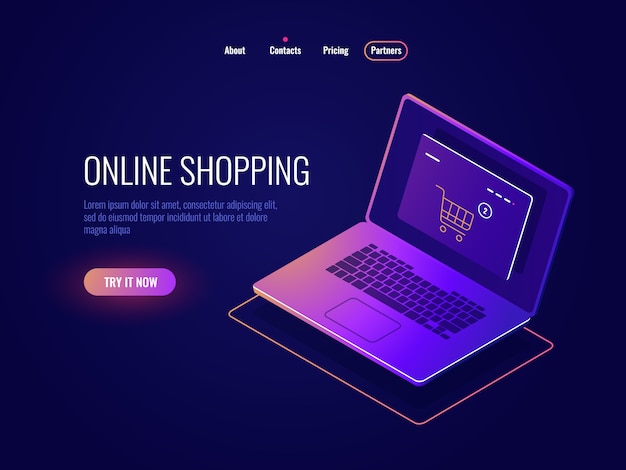 Icono isométrico de compras en línea por internet, compra de sitios web, computadora portátil con página de tienda en línea, computadora portátil oscura