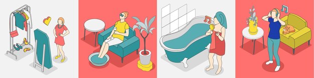 Icono isométrico del concepto de autocuidado con relax, descanso, relajación y otras actividades agradables, ilustración