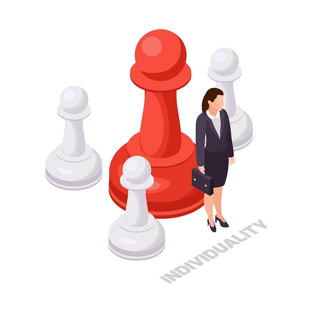Icono isométrico del concepto de habilidades blandas con empresaria rojo grande y tres pequeñas piezas de ajedrez blancas 3d