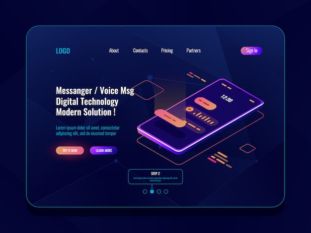 Icono isométrico del concepto de messenger de aplicaciones móviles, teléfono móvil con diálogo de sms en pantalla, chatbot