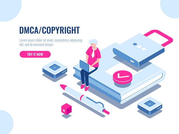 Icono isométrico de derechos de autor de datos DMCA, seguridad de contenido, libro con cerradura, contrato digital electrónico