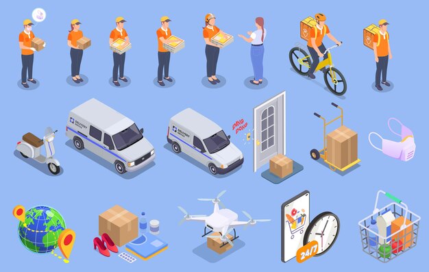 Icono isométrico de la empresa de entrega con mensajero masculino en máscara facial médica con ilustración de vector de caja