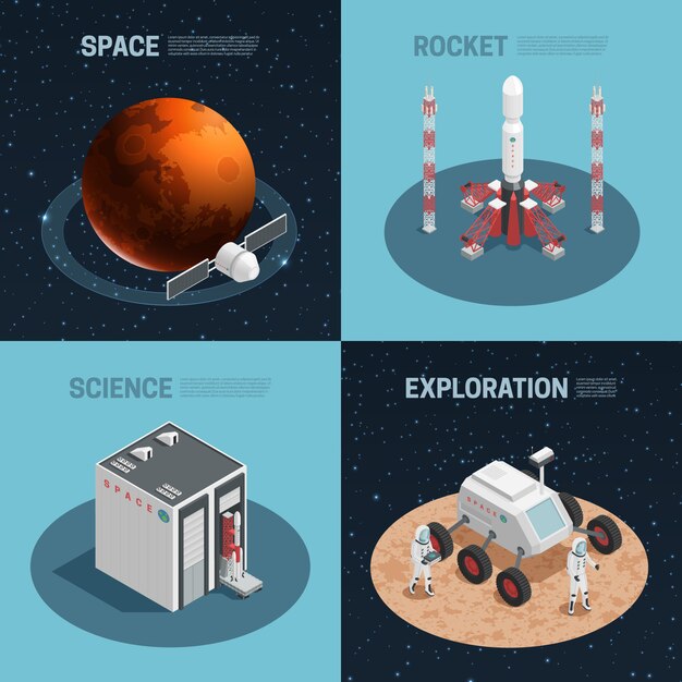 El icono isométrico del espacio de cuatro cohetes con el espacio de exploración de la ciencia y los titulares del cohete vector