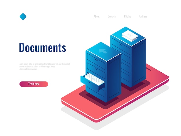 Icono isométrico de gestión de documentos, gabinete con documentos, administrador de archivos en línea, almacenamiento de datos en la nube