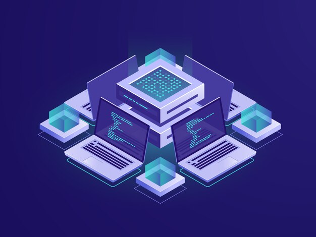Icono isométrico de inteligencia artificial, sala de servidores, centro de datos y concepto de base de datos