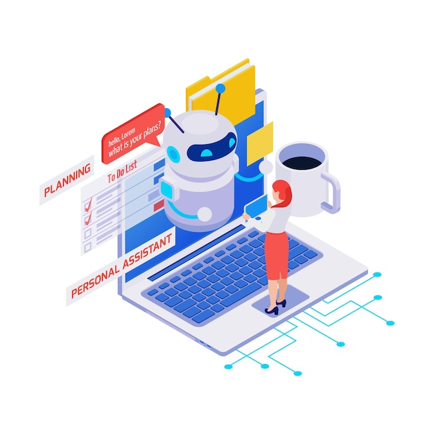Icono isométrico con mujer usando asistente personal y aplicación de planificador en computadora portátil 3d