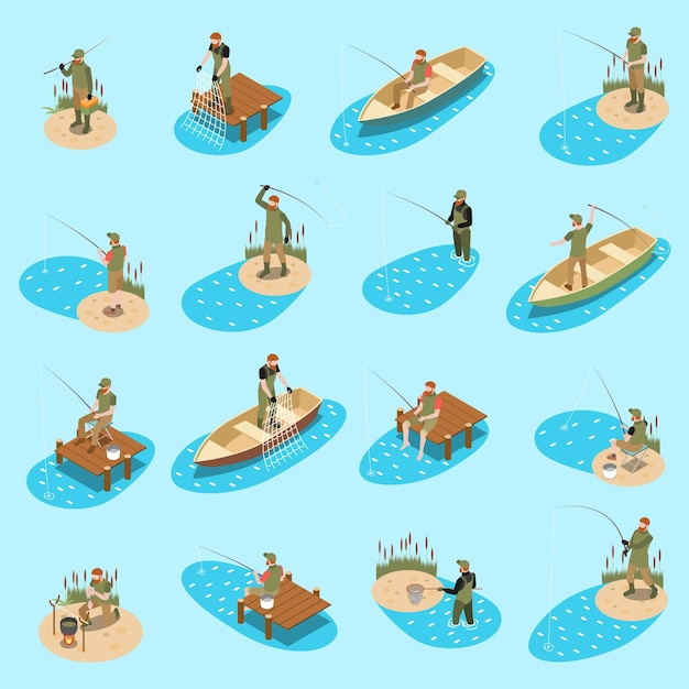 Icono isométrico de pescador de pesca con diferentes tipos de ilustración de vector de pesca y recreación