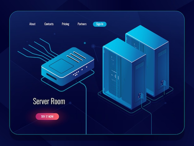 Ícono isométrico de sala de servidores, centro de datos y base de datos, redes y comunicaciones de internet