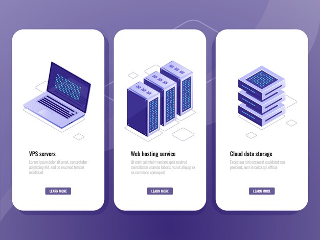 Icono isométrico del servicio de alojamiento web, sala de servidores vps, almacenamiento en la nube del almacén de datos