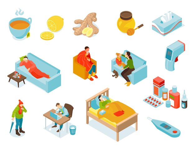 Icono isométrico del virus de la gripe fría con termómetros para personas enfermas ilustración vectorial de tratamiento para el resfriado de niños enfermos