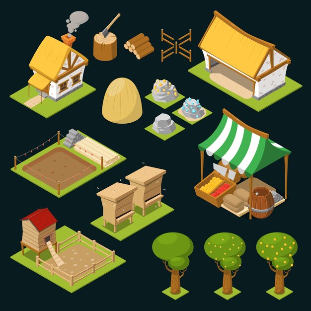 Icono de juego de color isométrico con árboles aislados casas almacén e ilustración de vector de leña
