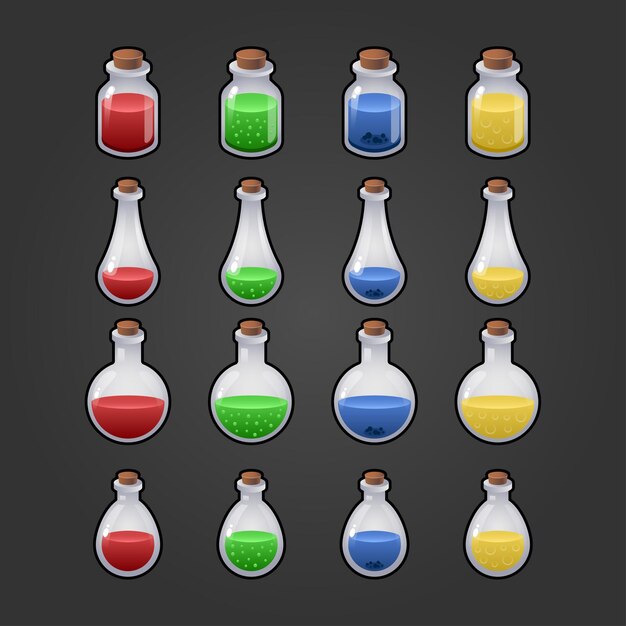 Icono de juego de elixir mágico. Interfaz para juegos móviles. Set de botellas mágicas. Aislado