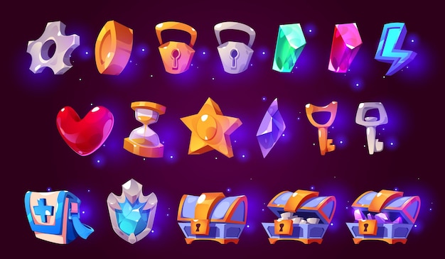 Icono de juego de interfaz de usuario de casino con moneda de cofre y corazón Kit mágico de vector de dibujos animados para interfaz de tienda de aplicaciones móviles en línea con matraz de relámpagos de reloj de arena y colección de objetos de botín de brillo estrella para el ganador
