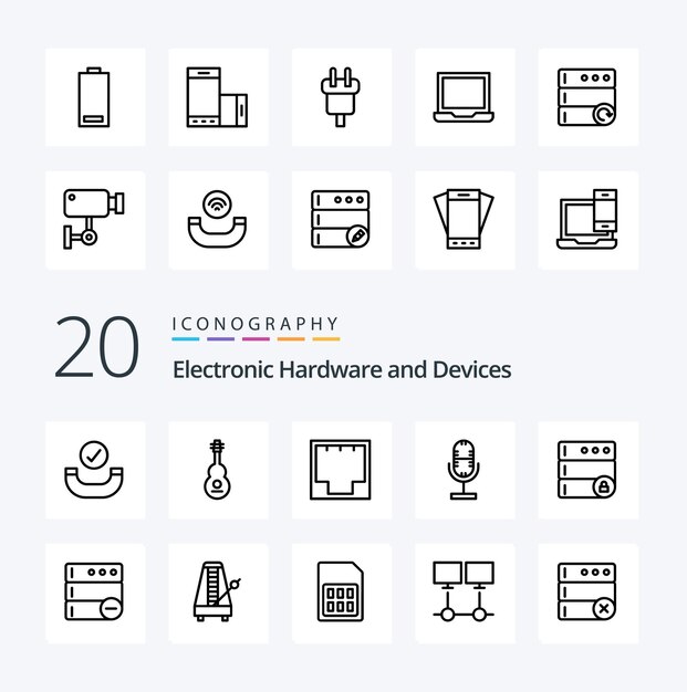 Icono de línea de 20 dispositivos Paquete como puerto de transmisión de conexión de micrófono de base de datos