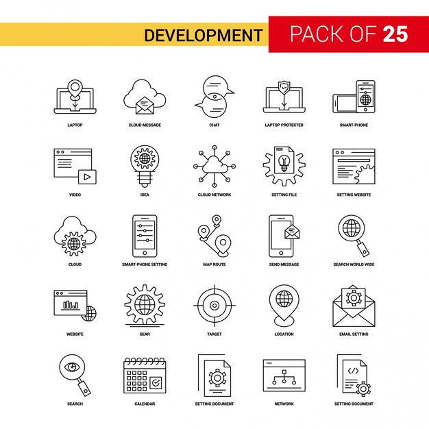 Icono de la línea negra de desarrollo - 25 Conjunto de iconos de esquema empresarial
