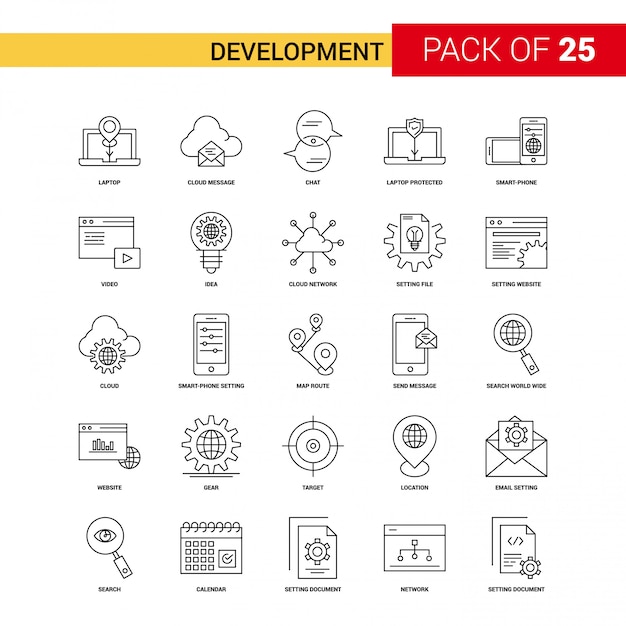 Icono de la línea negra de desarrollo - 25 Conjunto de iconos de esquema empresarial