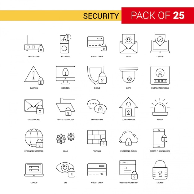 Vector gratuito icono de línea negra de seguridad - 25 conjunto de iconos de esquema de negocios