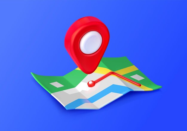 Icono de mapa 3d con etiqueta de ubicación de pin rojo