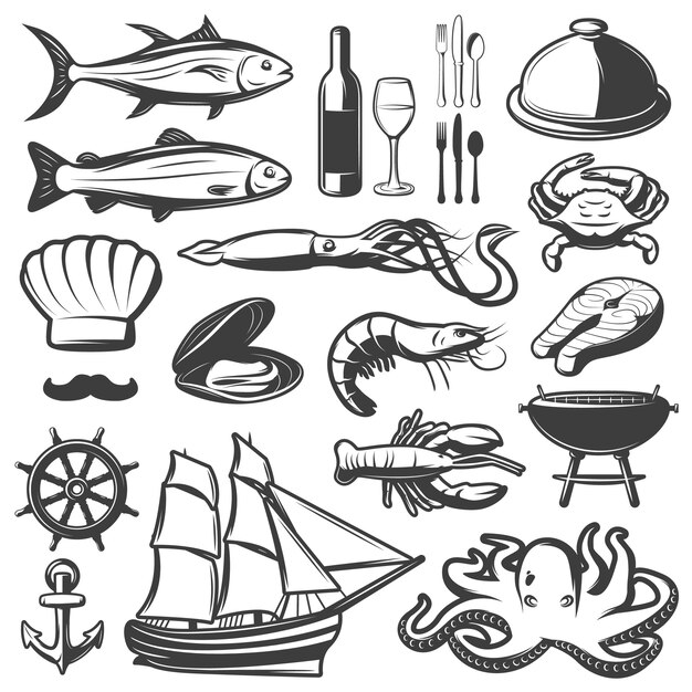 Icono de mariscos con pescado y vid que se preparan en el restaurante