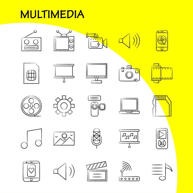 Icono multimedia dibujado a mano para impresión web y kit de UXUI móvil, como el ajuste de la herramienta de configuración de mantenimiento de engranajes, altavoz, hardware de computadora, paquete de pictogramas, vector