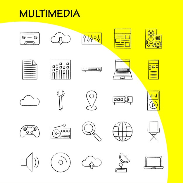 Icono multimedia dibujado a mano para impresión web y kit de UXUI móvil, como bola de discoteca, bola de discoteca, bola de fiesta, ecualizador, paquete de pictogramas de ritmo vectorial