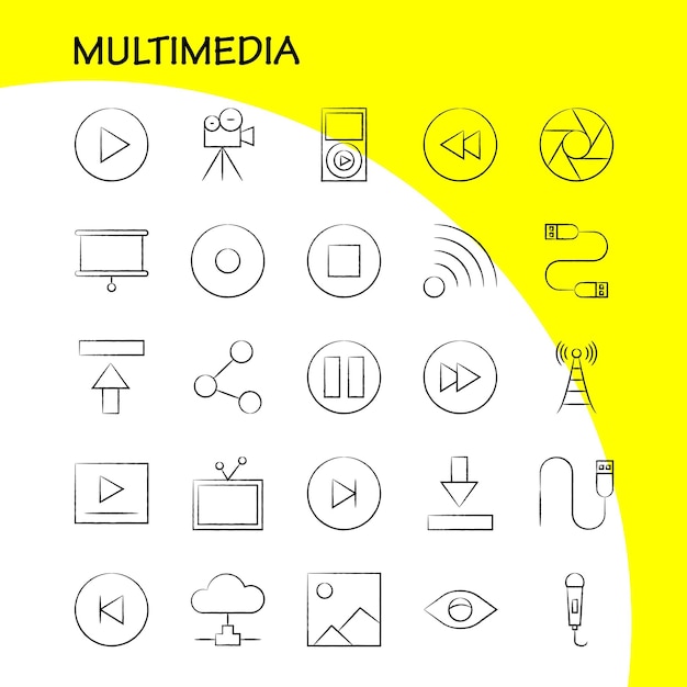 Icono multimedia dibujado a mano para impresión web y kit UXUI móvil, como micrófono de medios, control de sonido, vector de paquete de pictogramas de medios de avance rápido