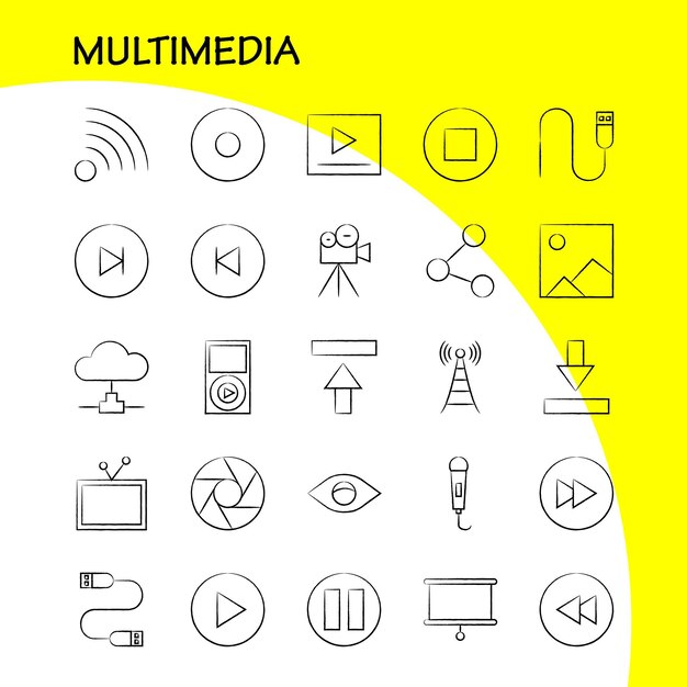 Icono multimedia dibujado a mano para impresión web y kit UXUI móvil como micrófono Mike Música Audio Avance rápido Mover Reproducir paquete de pictogramas Vector