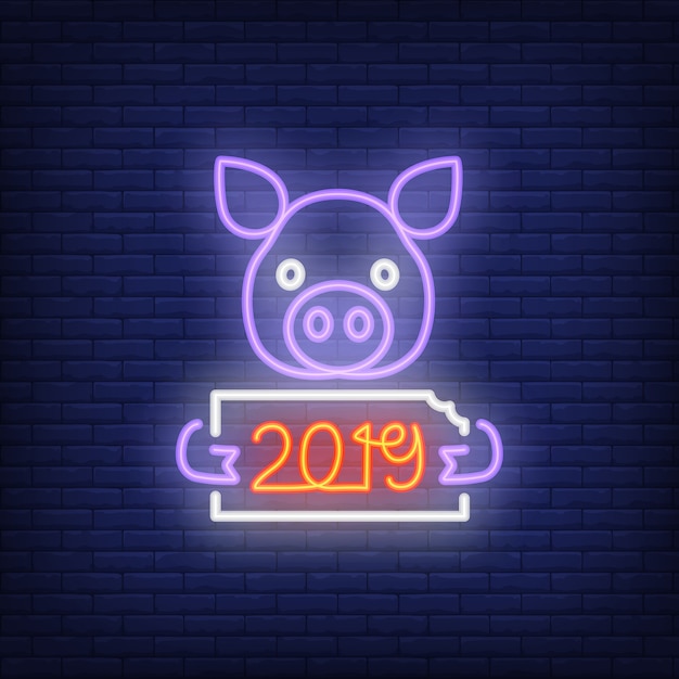 Vector gratuito icono de neón de año nuevo cerdo festivo