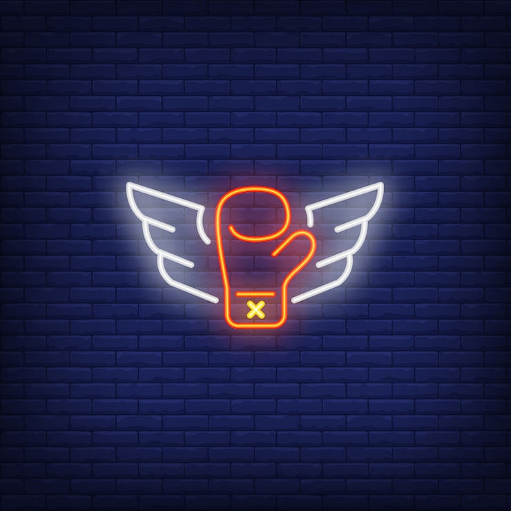 Vector gratuito icono de neón del guante de boxeo volando con alas