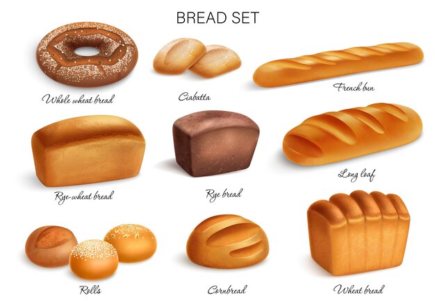 Icono de pan realista con panes de trigo de centeno de centeno de trigo integral ciabatta rollos de pan largo de bollo francés e ilustración vectorial de pan de maíz