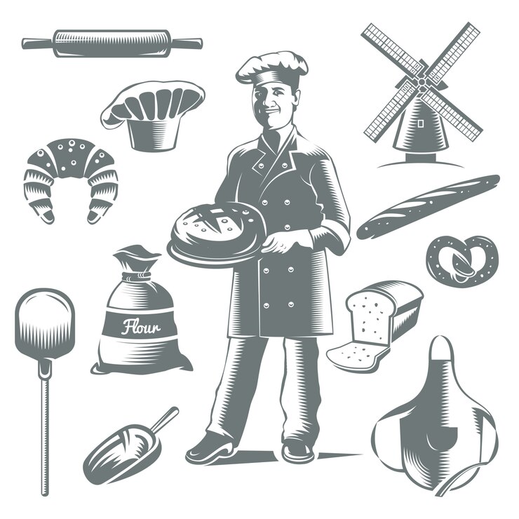 Vector gratuito icono de panadería vintage con elementos grises aislados tortas y cocinero