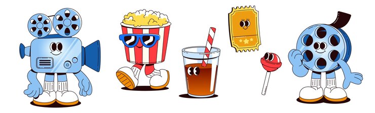 Vector gratuito el icono de una película linda y un personaje de dibujos animados de palomitas de maíz