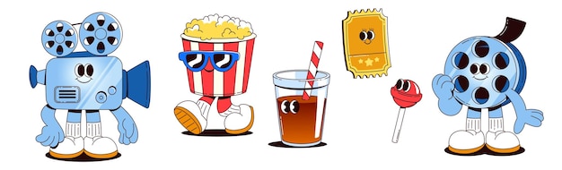 El icono de una película linda y un personaje de dibujos animados de palomitas de maíz