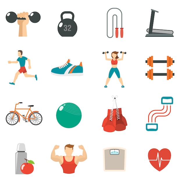 Vector gratuito icono plana de fitness conjunto