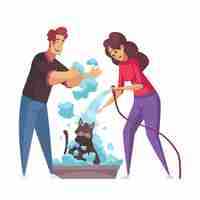 Vector gratuito icono plano de aseo con personas que lavan la ilustración de vector de gato