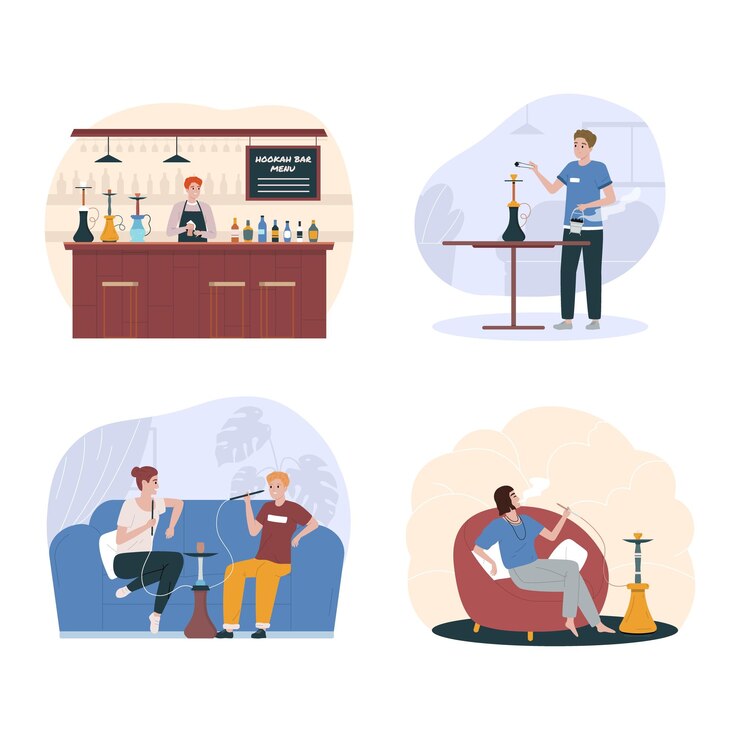 Vector gratuito el icono plano de la barra de narguile aislado establece que el camarero se para detrás de la barra, el cuidador de la cachimba cambia las brasas y la gente fuma ilustración vectorial
