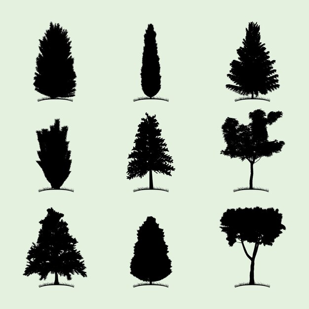 Icono plano de colección de árboles con nueve tipos diferentes de ilustración de plantas