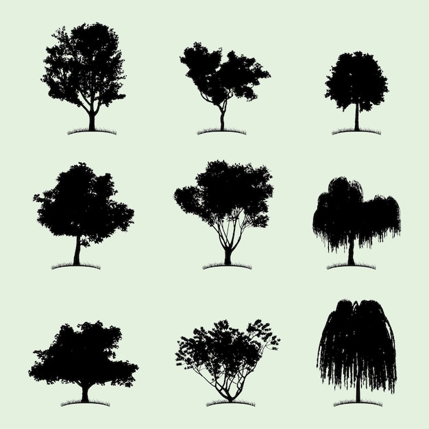 Icono plano de colección de árboles con nueve tipos diferentes de plantas en la ilustración blanca