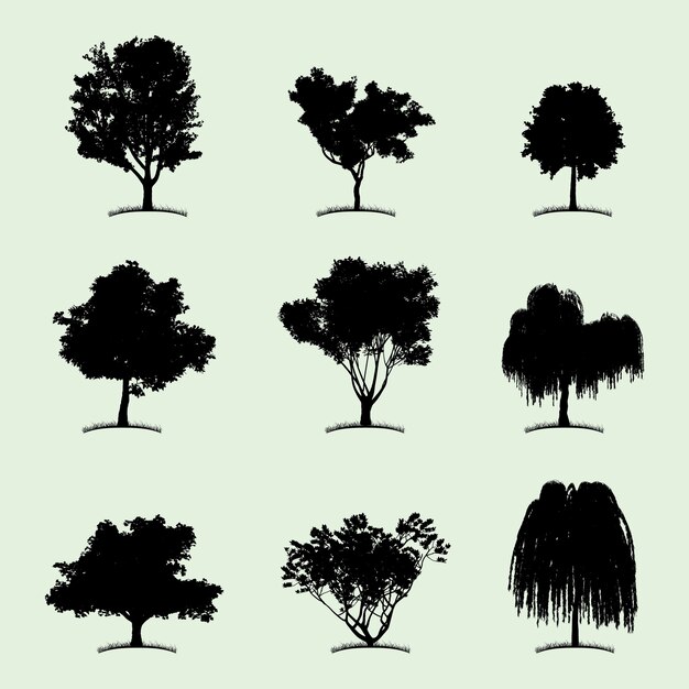 Icono plano de colección de árboles con nueve tipos diferentes de plantas en la ilustración blanca