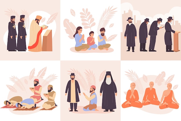 Vector gratuito el icono plano de la composición de las religiones del mundo fijó con la oración budistas cristianos judíos y musulmanes ilustración