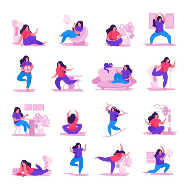 Icono plano del concepto de autocuidado con diferentes tipos de descanso yoga tiempo de café frío pose de loto ilustración vectorial