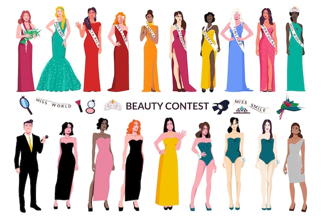 Vector gratuito icono plano de concurso de belleza con hermosas chicas en vestidos de diferentes colores y para diferentes concursos de ilustración vectorial