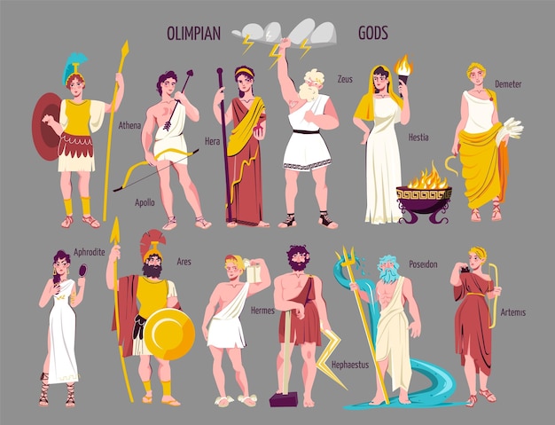 Icono plano de dioses olímpicos con athena appolo hera zeus hestia demeter afrodita ares hermes hephaestus poseidon artemis figuras ilustración vectorial