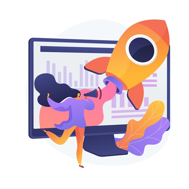 Icono plano idea creativa. Proyecto innovador de internet, negocio publicitario, promoción online. Mujer con personaje de dibujos animados de altavoz. Ilustración de metáfora de concepto aislado de vector