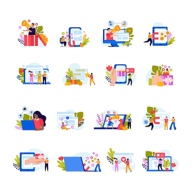 Icono plano del programa de referencia establecido con me gusta suscriptores de teléfonos inteligentes y referencias regalos de suscripción personas detrás de portátiles ilustración vectorial