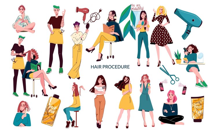 Vector gratuito el icono plano del salón del procedimiento del cabello establece a las peluqueras con diferentes peinados y varios atributos para la ilustración del vector de peinado del cabello