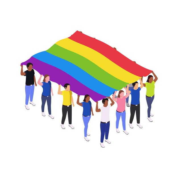 Icono de protesta pública con multitud de personas sosteniendo la ilustración isométrica 3d de la bandera lgbt
