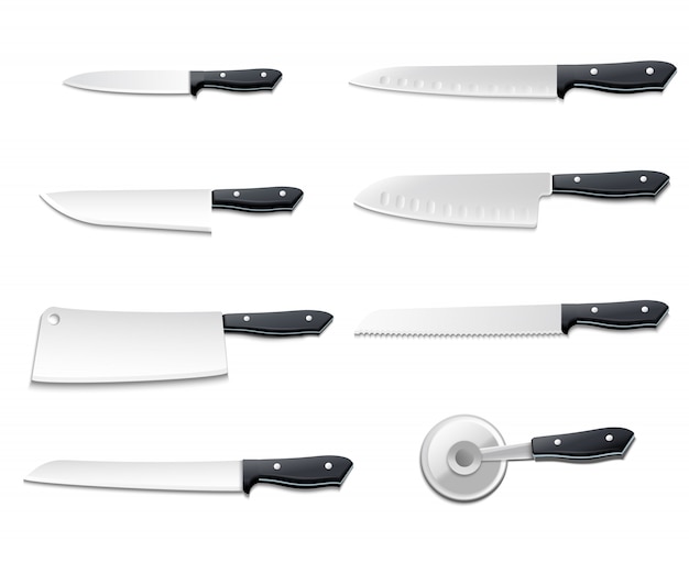 El icono realista aislado de los cuchillos fijó con las cuchillas afiladas para el ejemplo del vector de los pescados del pan de la carne de la pizza