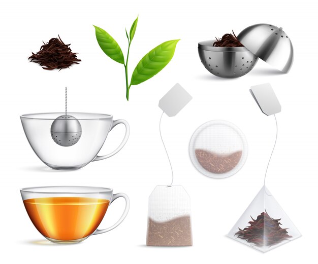 El icono realista de la bolsa de té establece diferentes tipos de colador de té y bolsa de té, por ejemplo, ilustración vectorial K