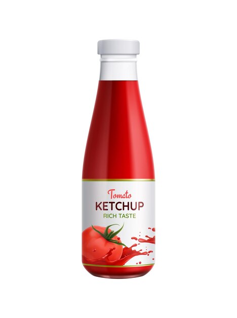 Icono realista con botella de salsa de tomate en la ilustración de vector de fondo blanco